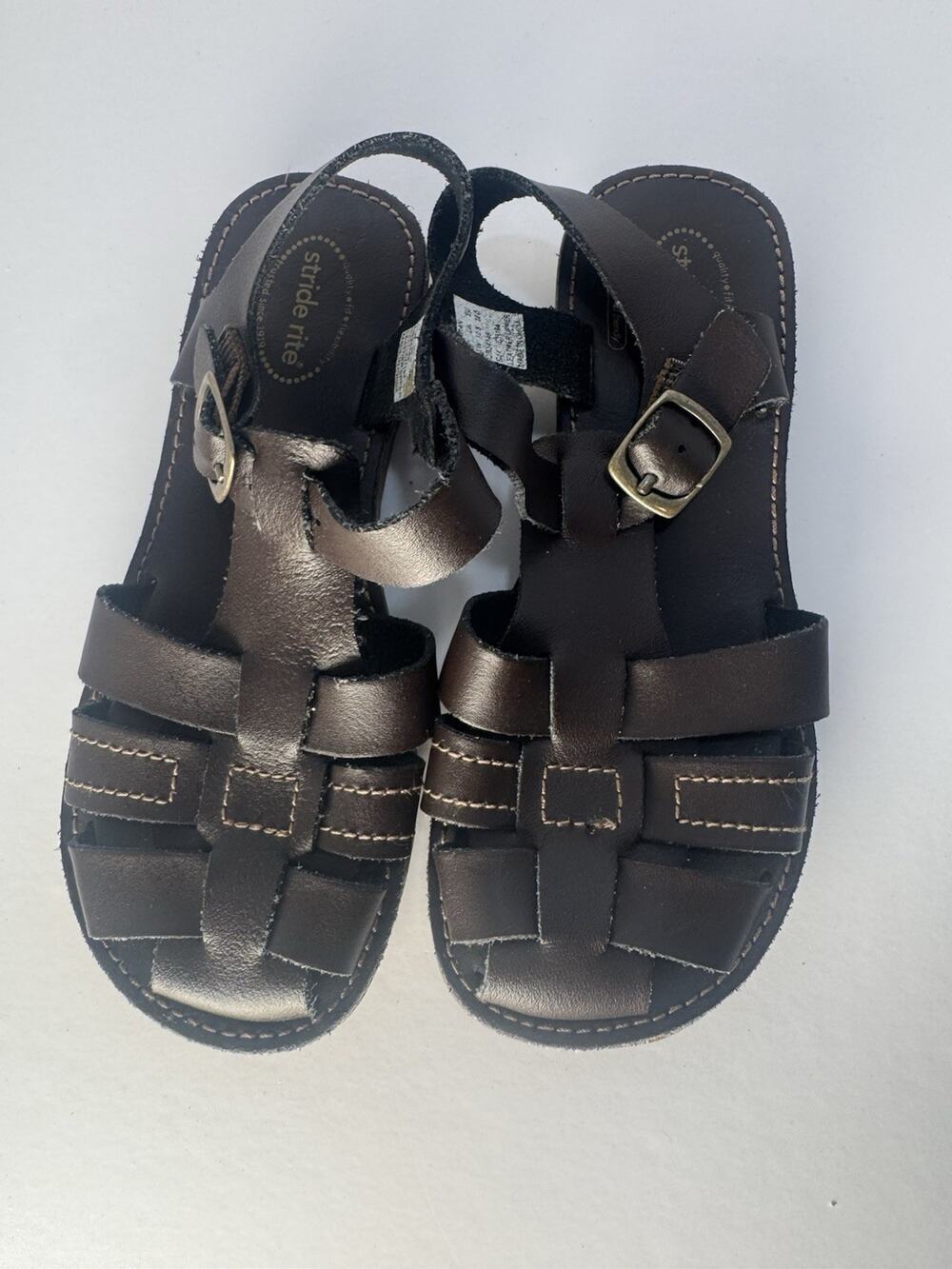 Stride Rite Boys Brown Leather Fisherman Sandals Buckle Size 11W Wide